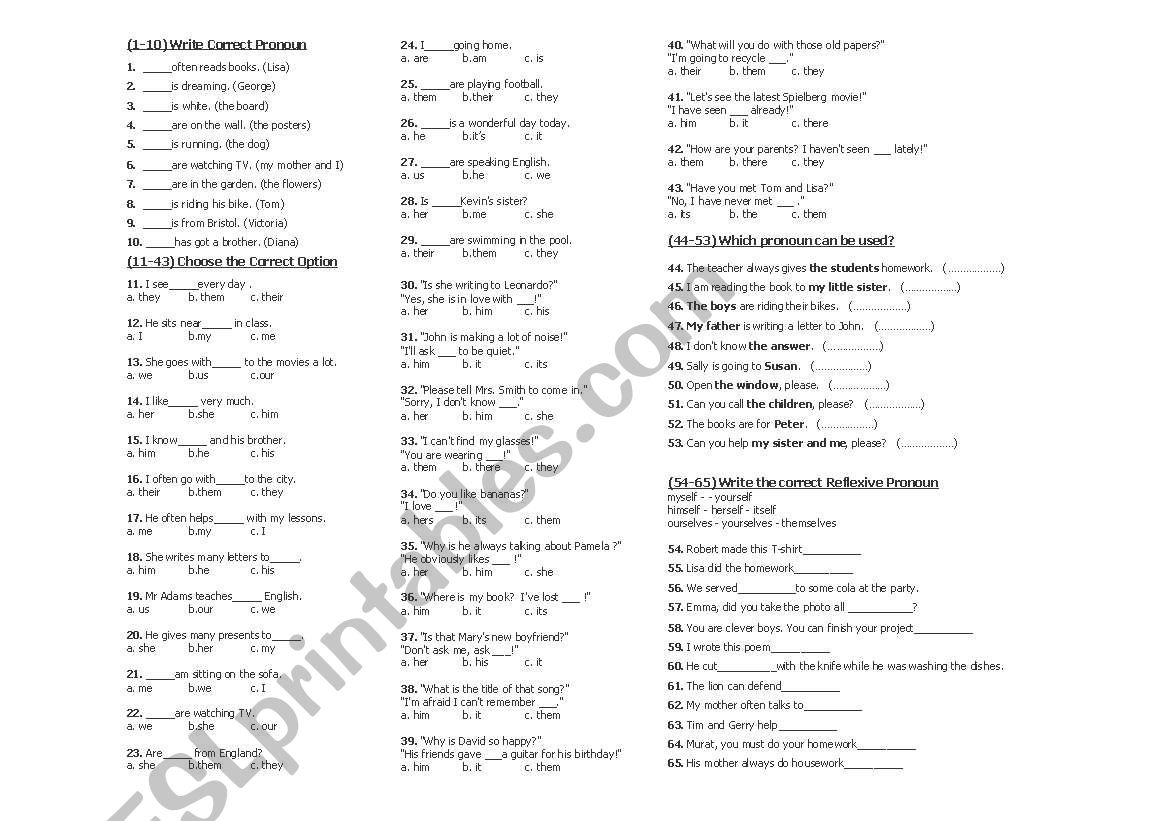 Test on Personal Pronouns (65 question mixed)