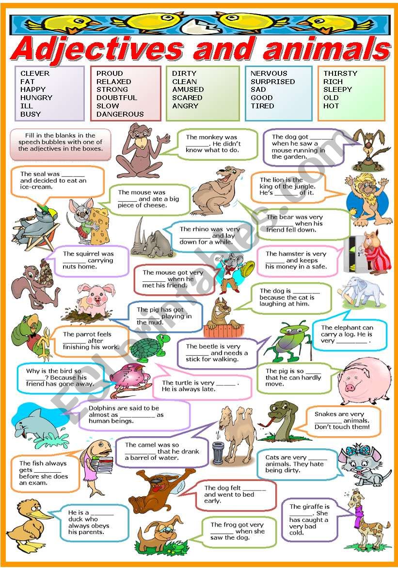 ADJECTIVES AND ANIMALS-FILL IN THE BLANKS (B&W VERSION INCLUDED) - ESL  worksheet by Katiana