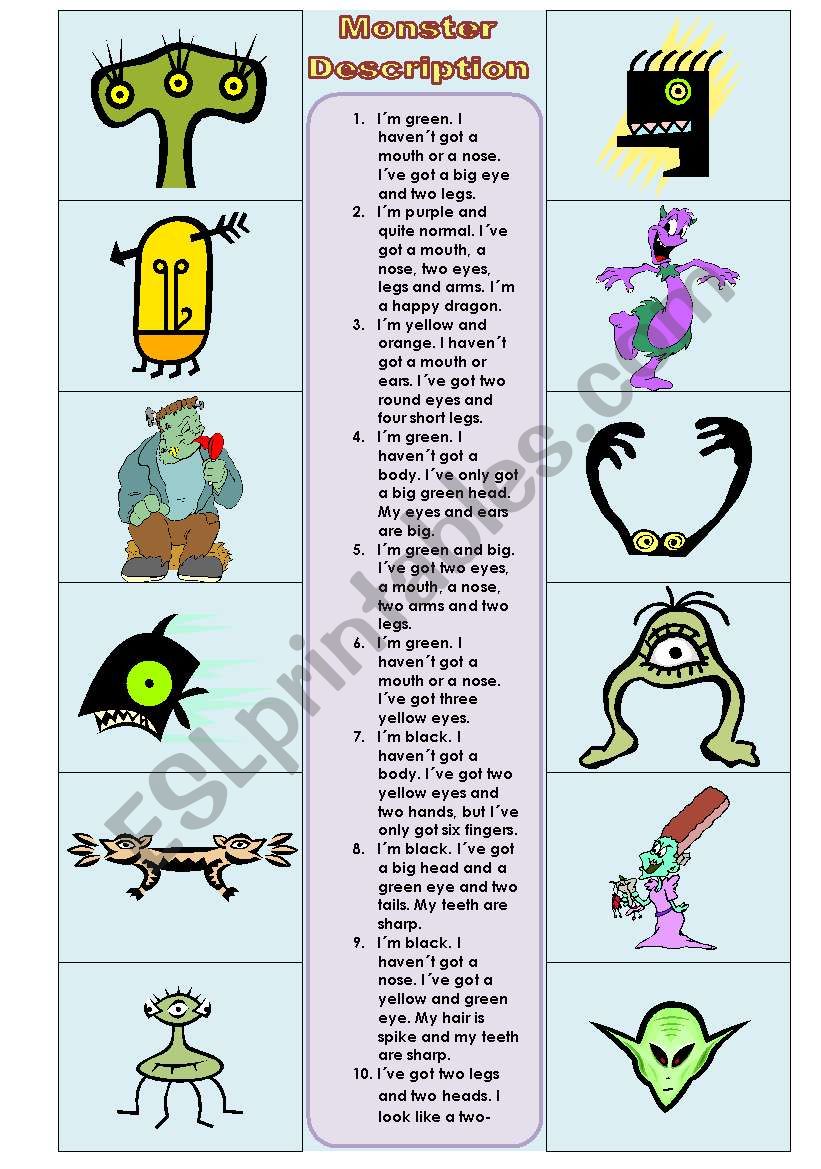 Describe the Monsters 2 worksheet