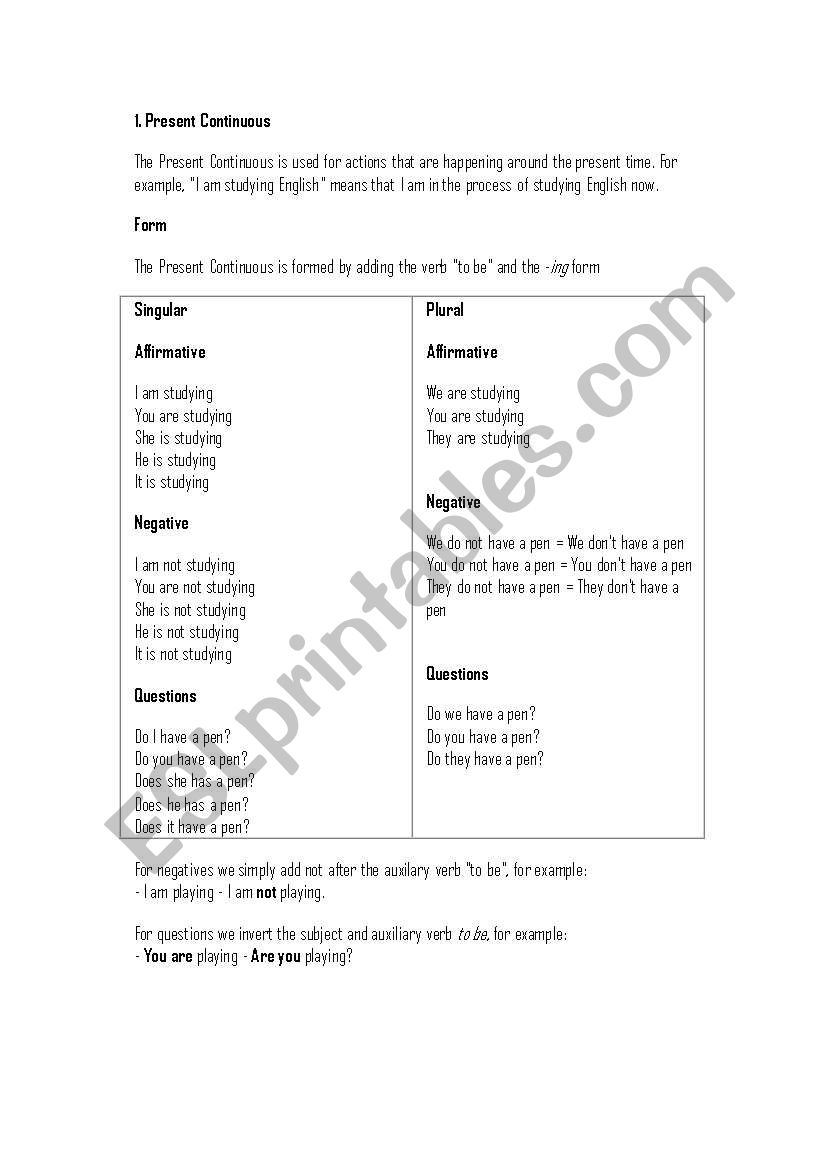 present continuous worksheet