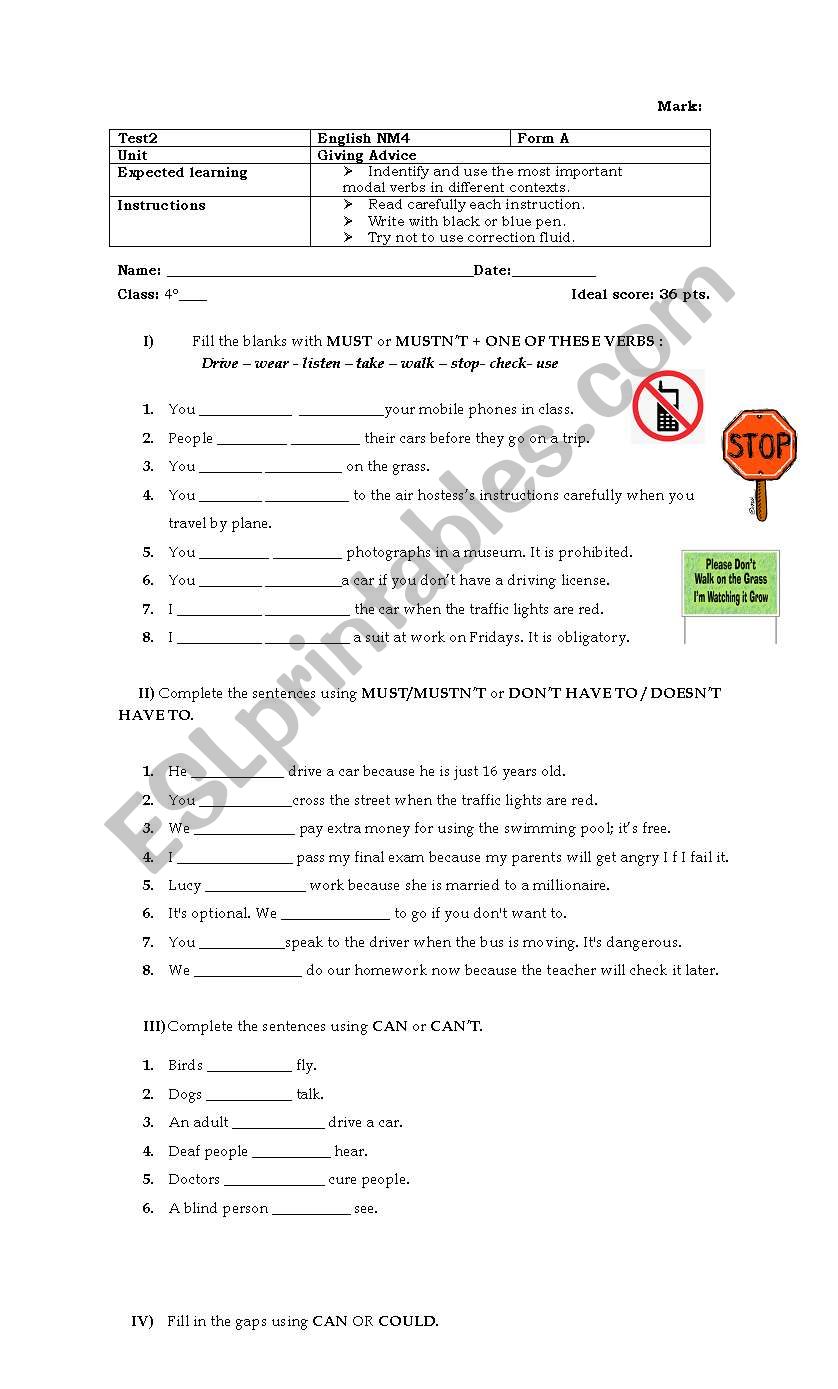 TEST ON MODAL VERBS worksheet