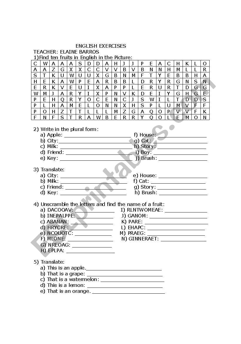 Plural and Fruits worksheet