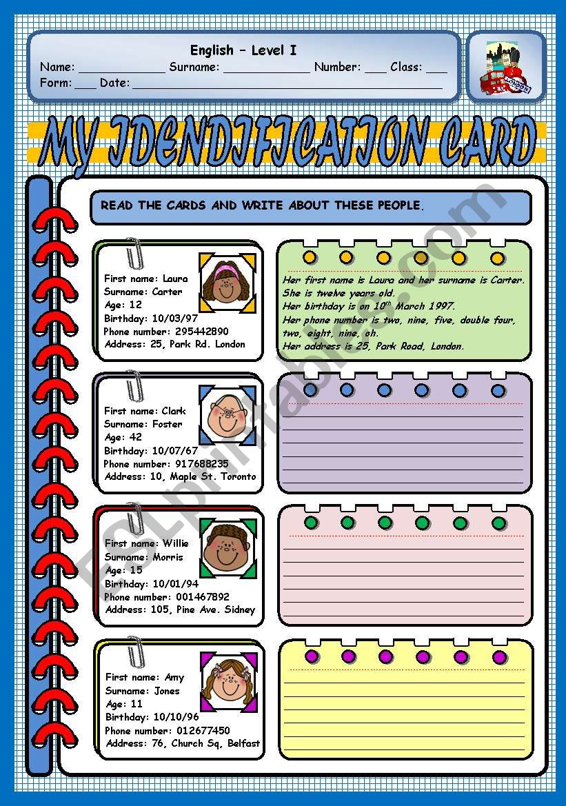 MY IDENTIFICATION CARD worksheet