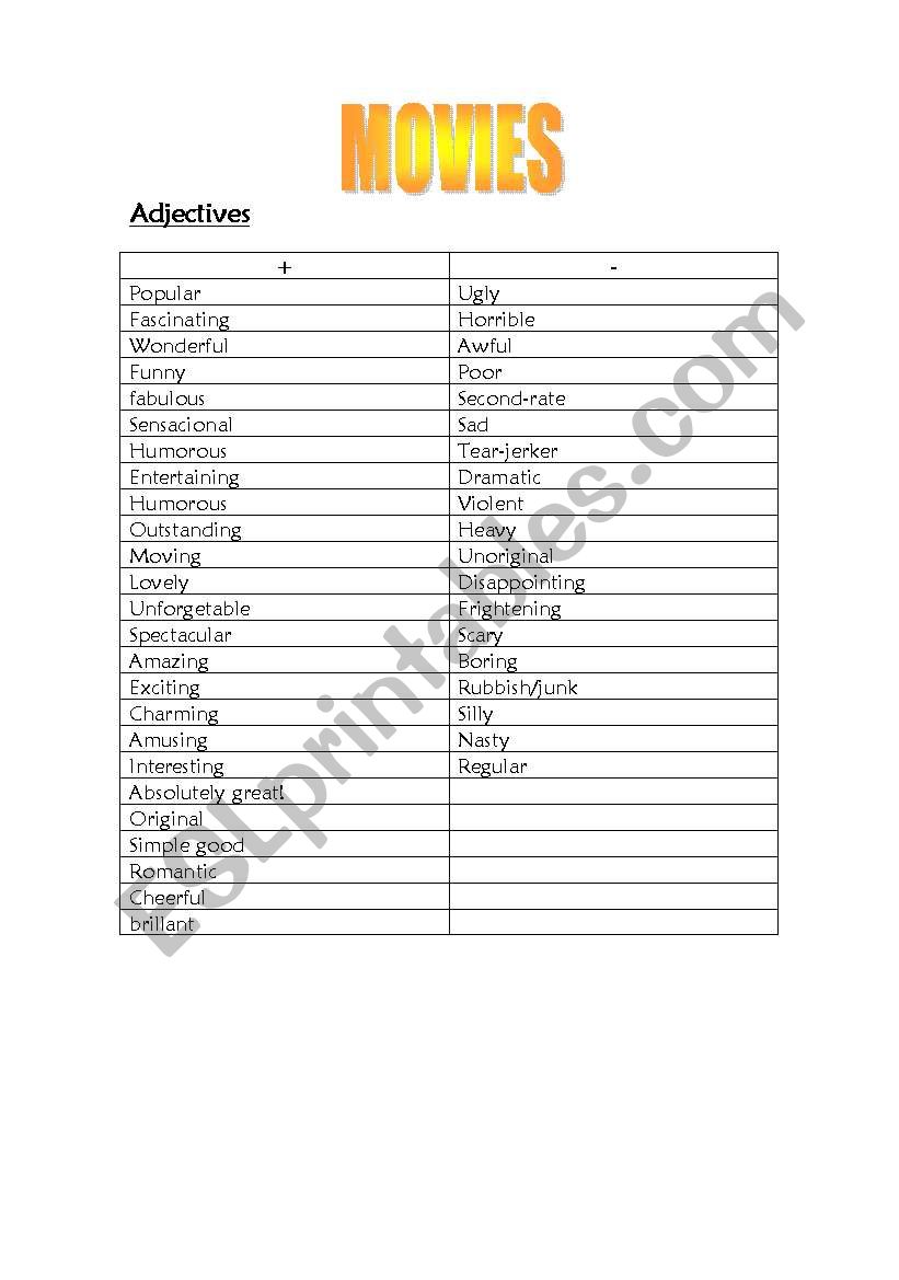 ADJETIVES TO DESCRIBE MOVIES worksheet