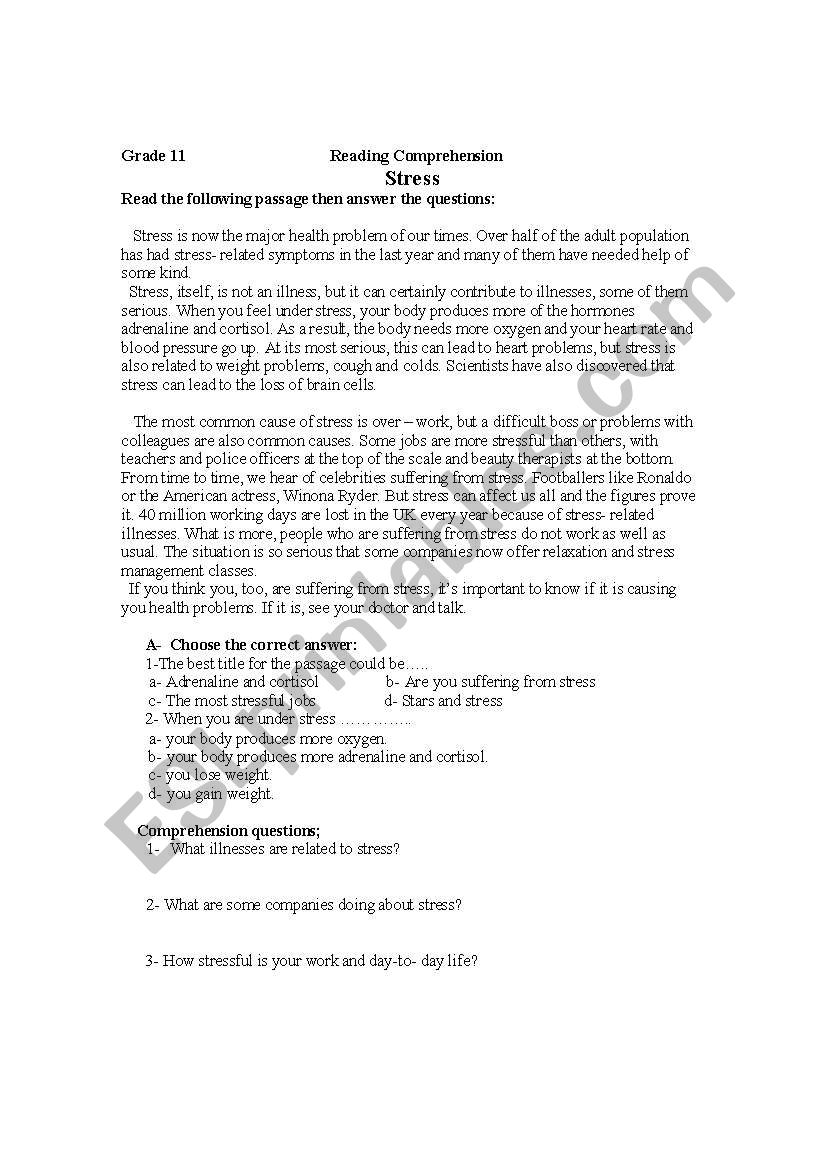 reading comprehension stress worksheet