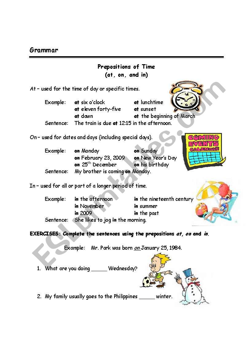 preposition of time worksheet