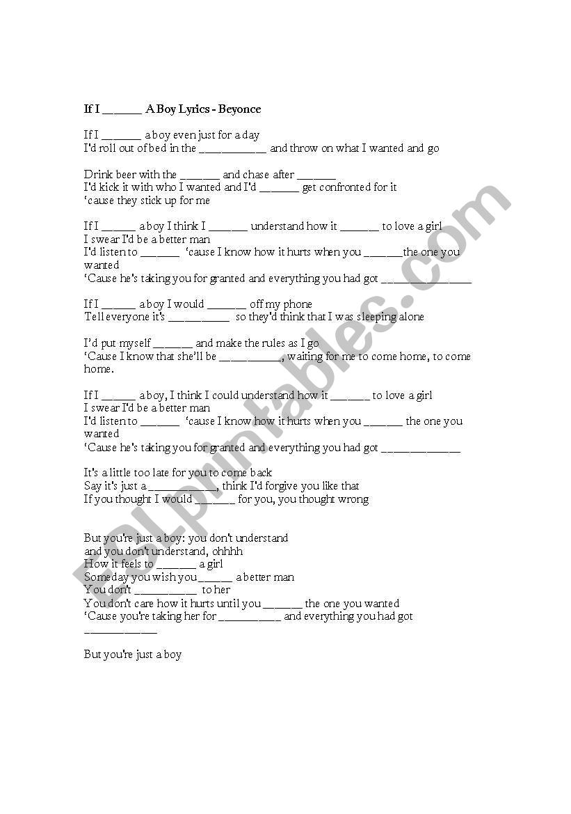 If I Were a Boy - Fill in the Blank Worksheet