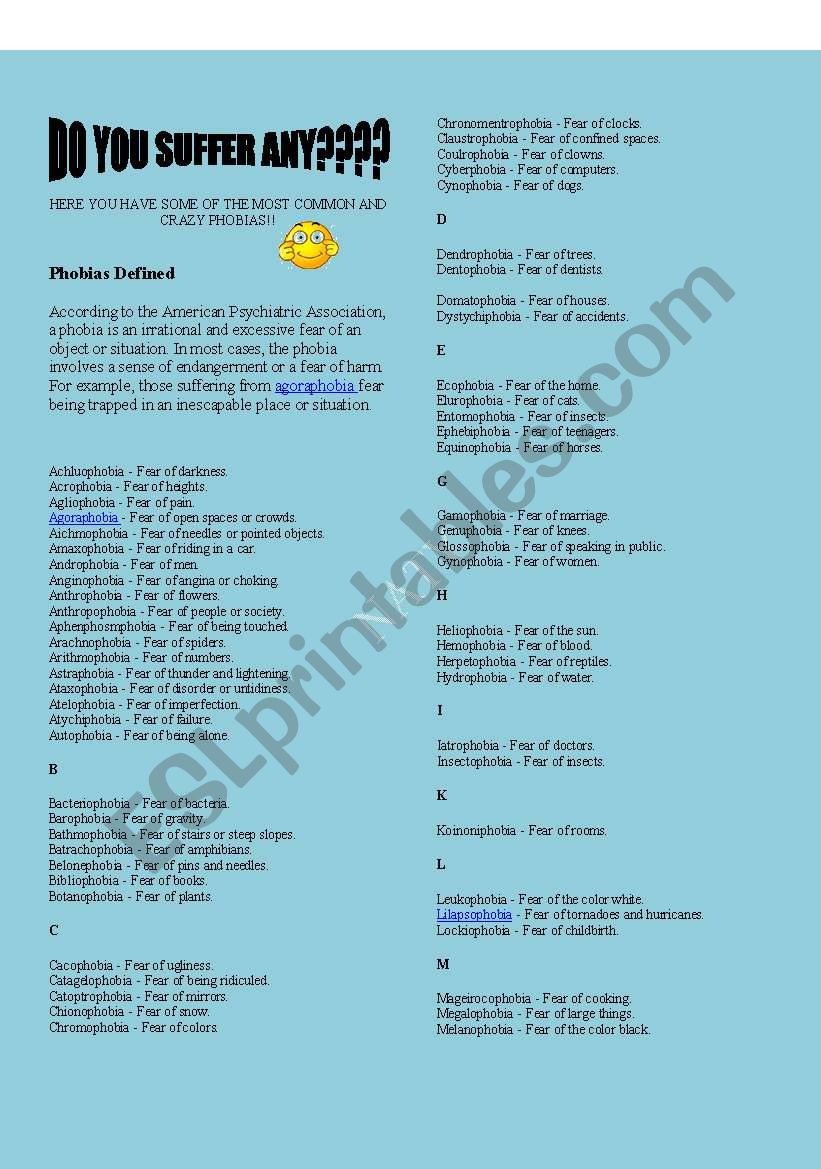 PHOBIAS worksheet