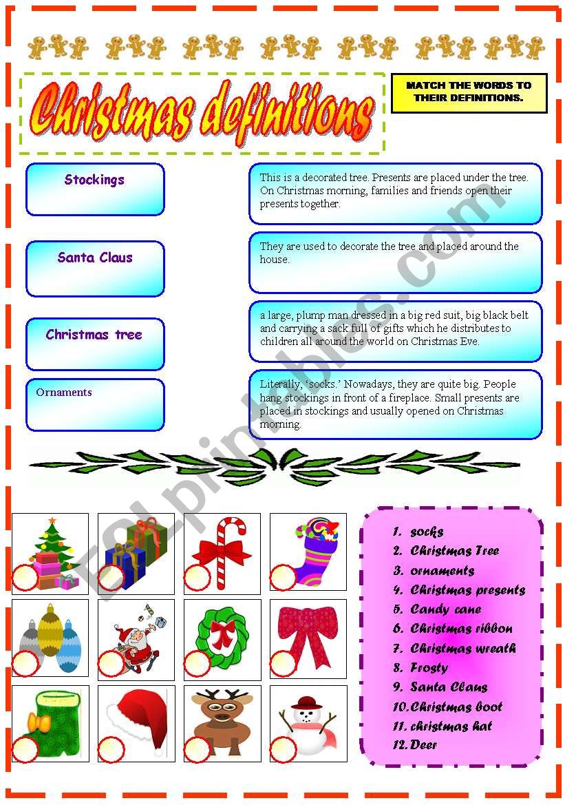 CHRISTMAS DEFINITIONS AND VOCABULARY EXERCISE!!