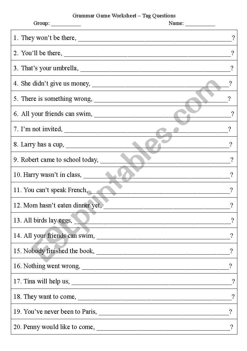 Tag Question Worksheet worksheet