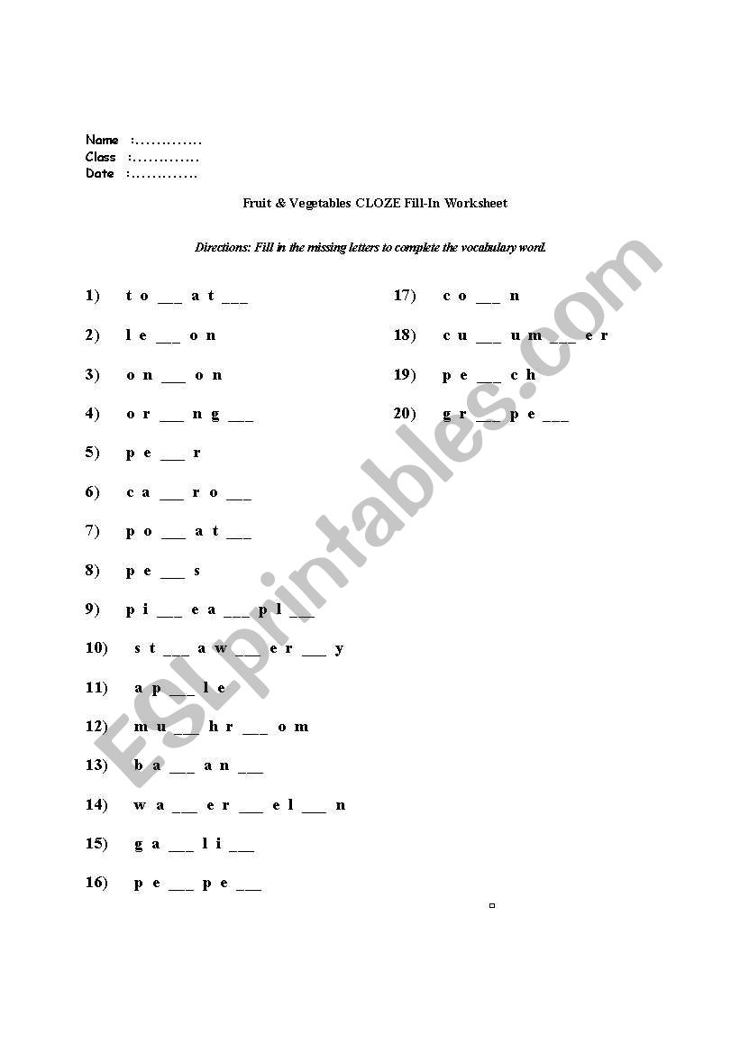 fruit and vegetables worksheet