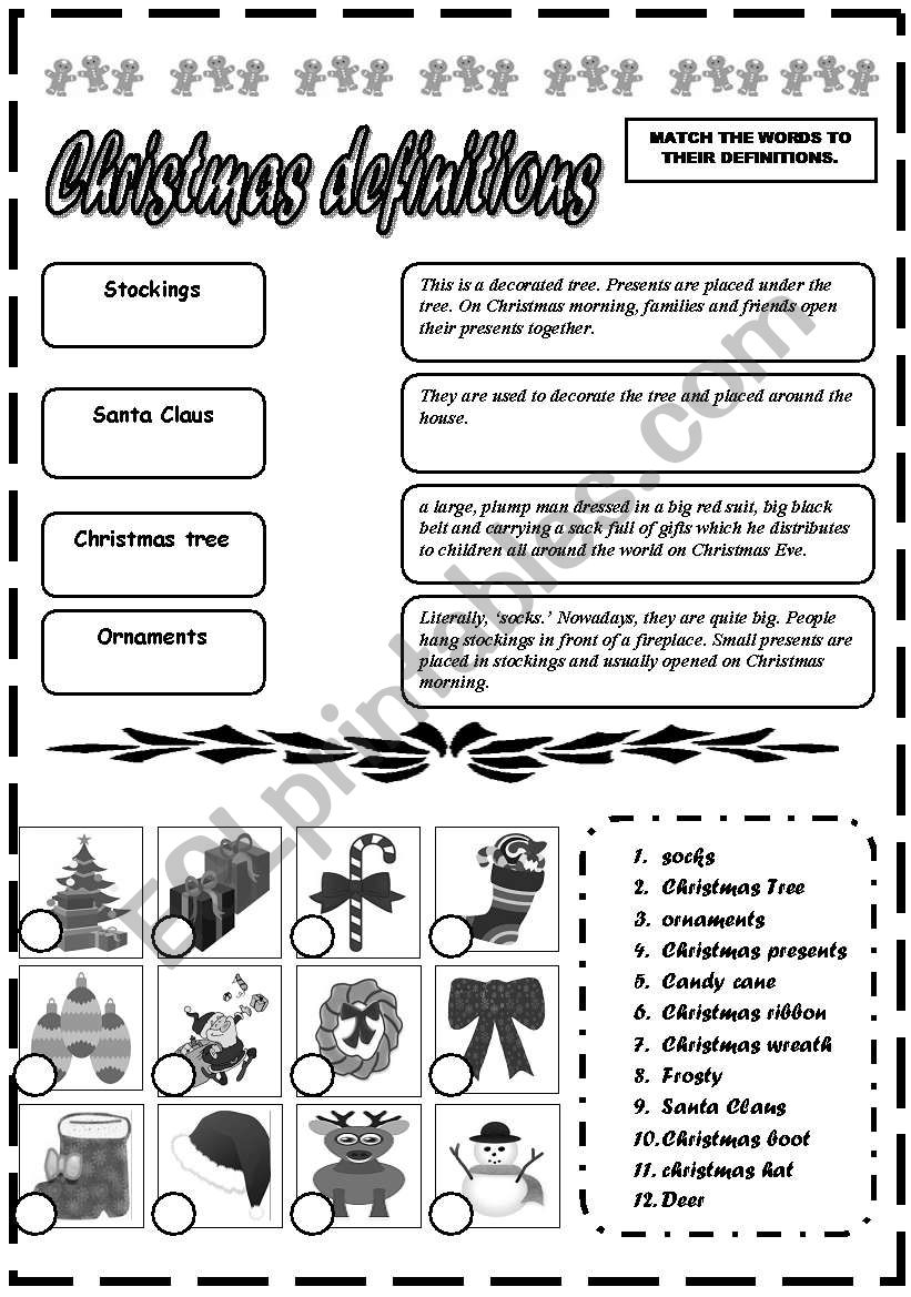 Christmas definitions and vocabulary exercise B&W version!!!