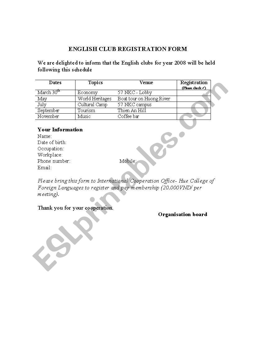 english club worksheet