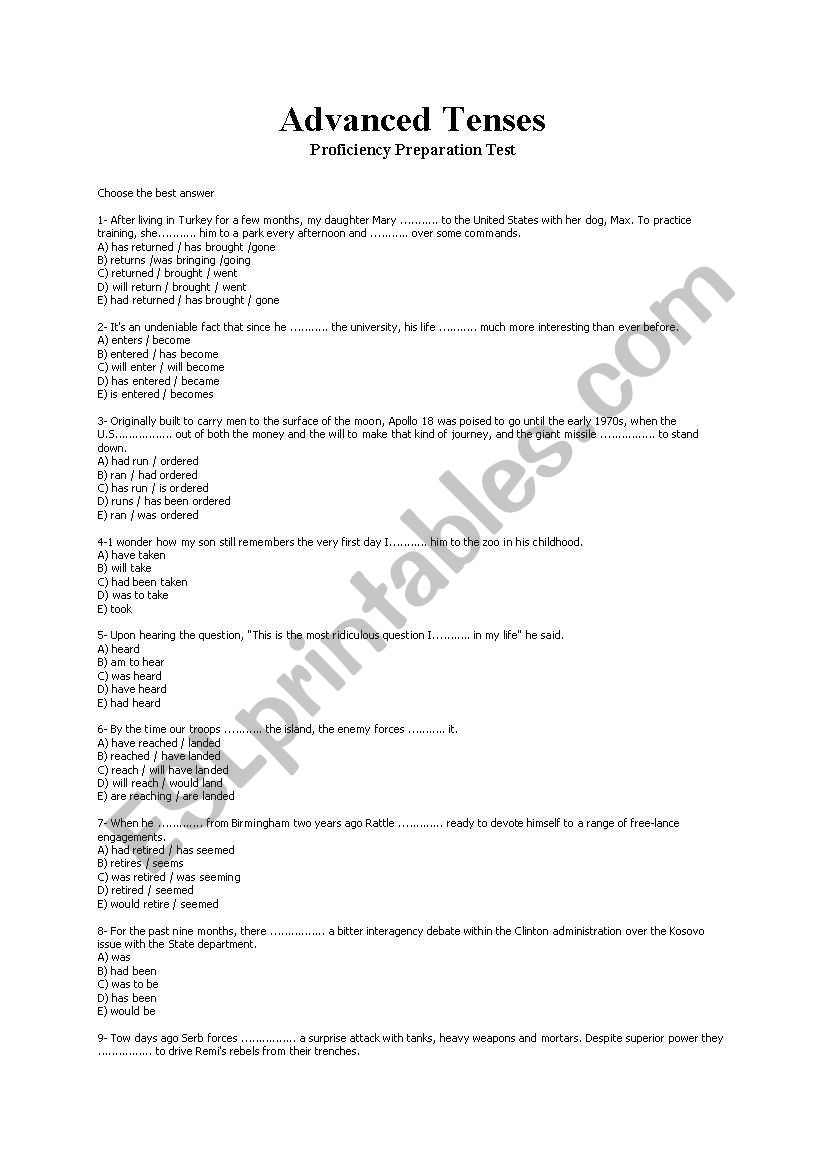 Advanced Tenses  Proficiency Preparation Test 