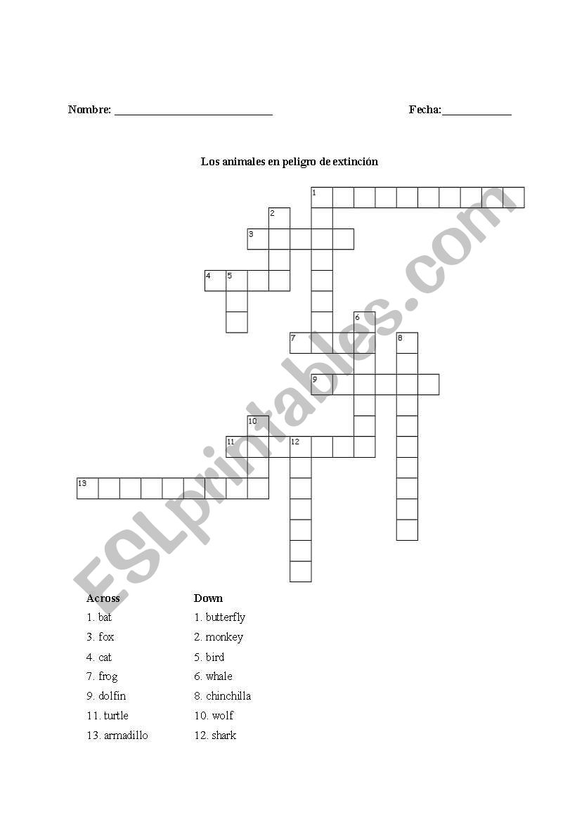 Animal Crossword worksheet