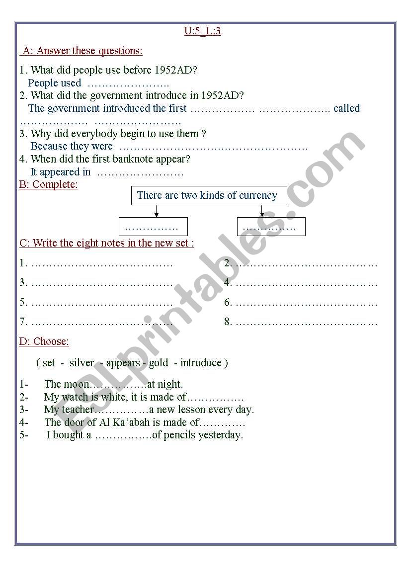 reading currency worksheet