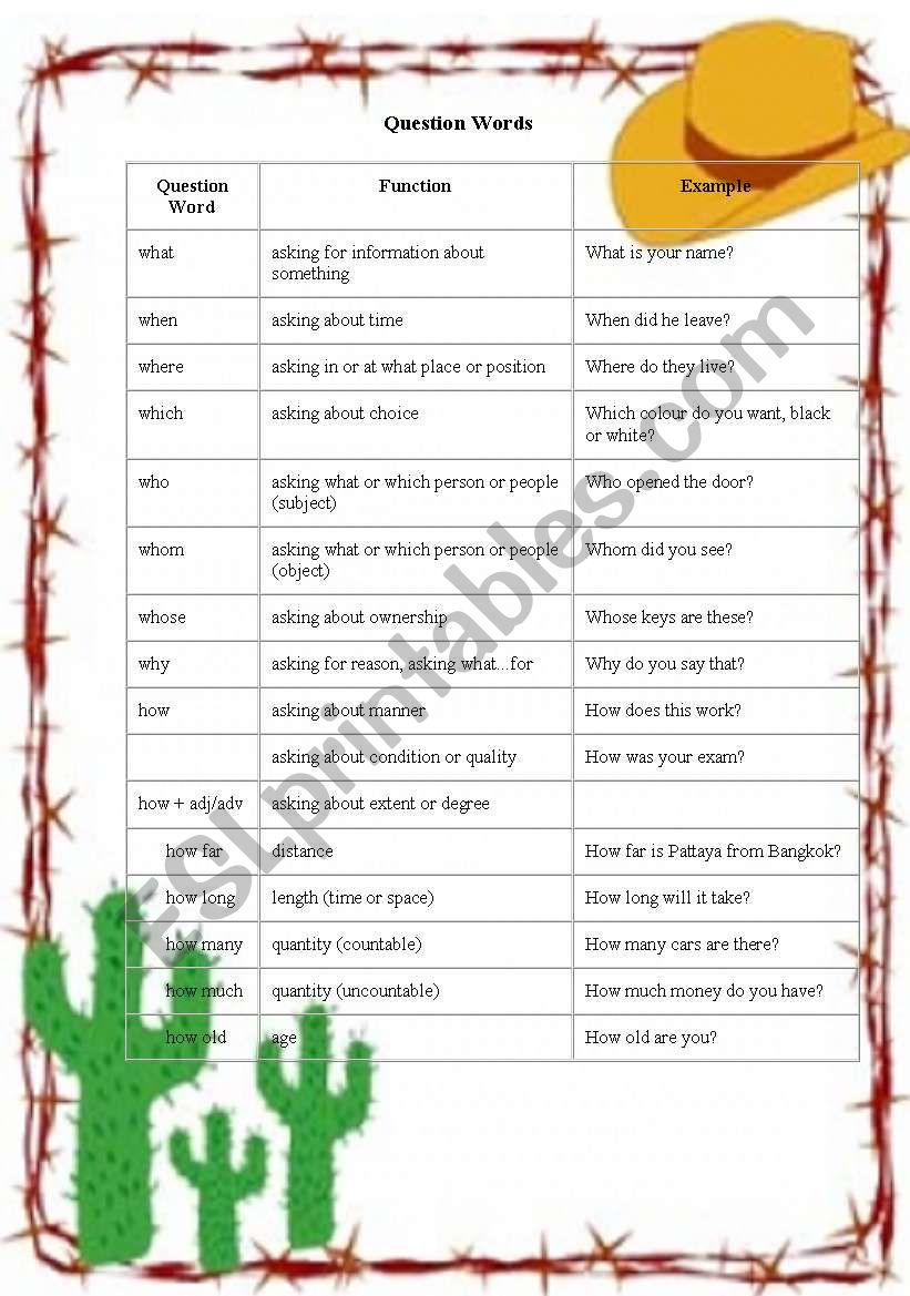 Question words worksheet