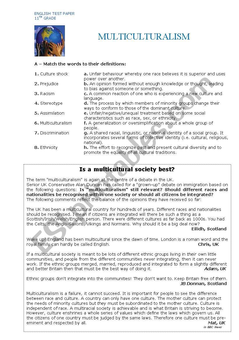 Multiculturalism worksheet
