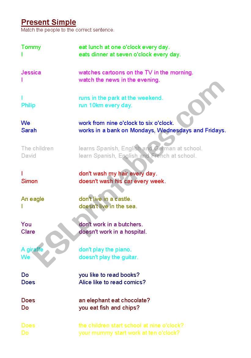 Present Simple - matching people to correct sentences