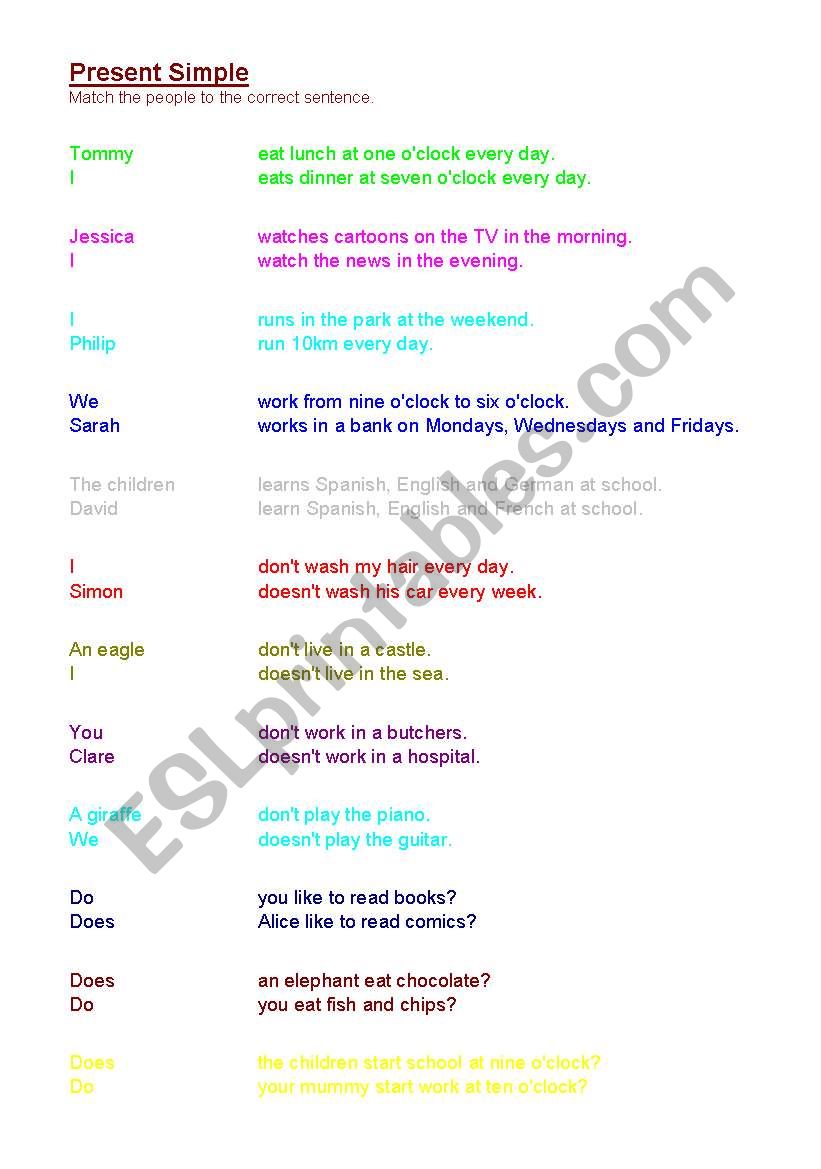 Present Simple - matching people to correct sentences