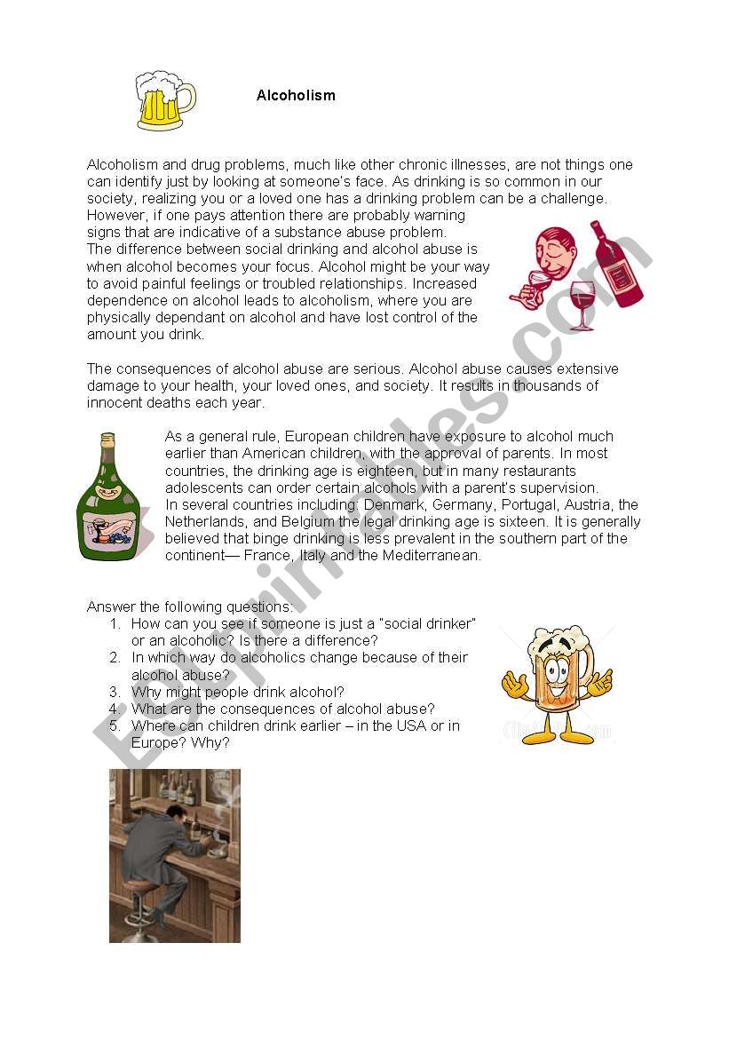 Alcoholism - reading activity worksheet