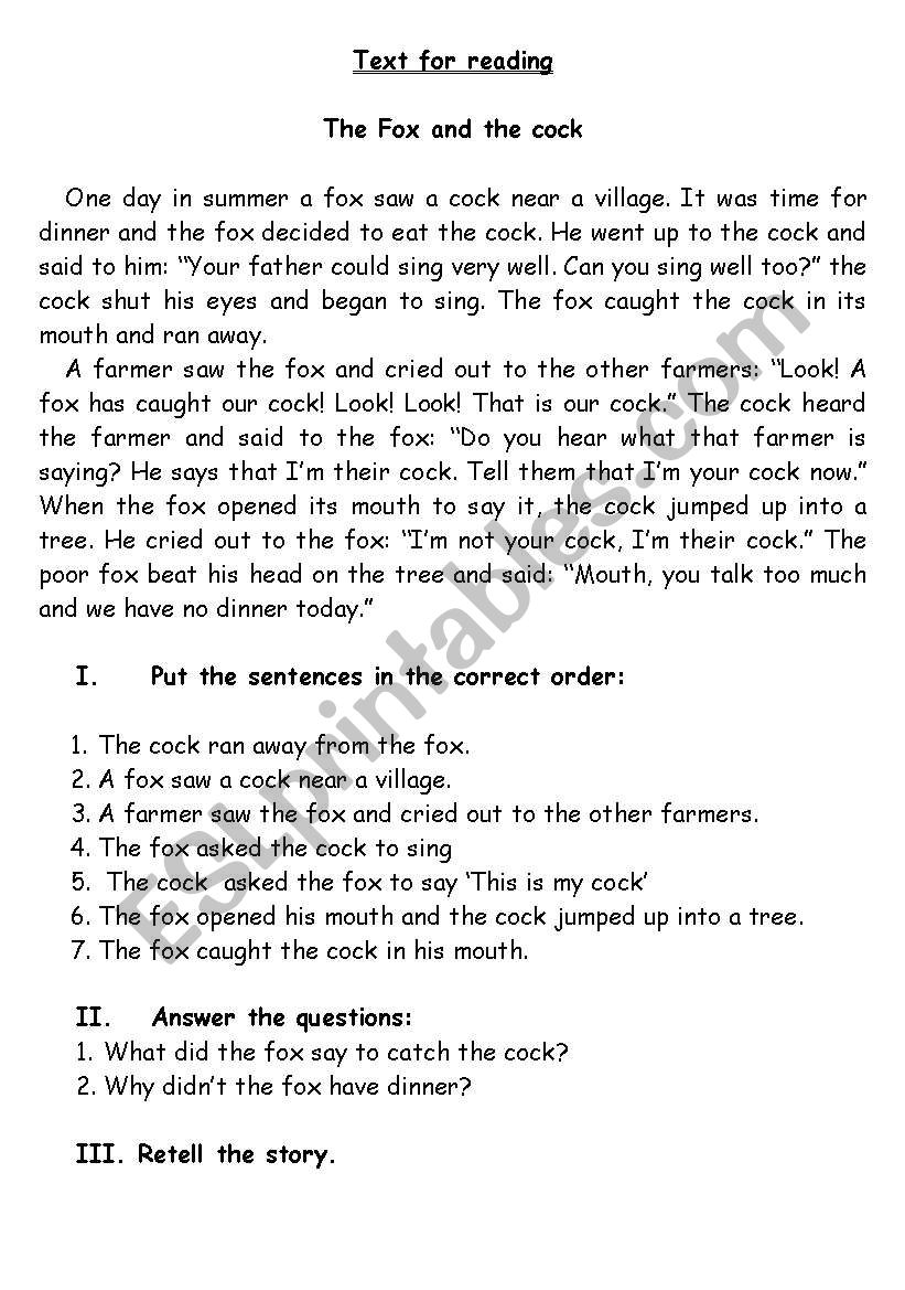 The Fox and the cock worksheet