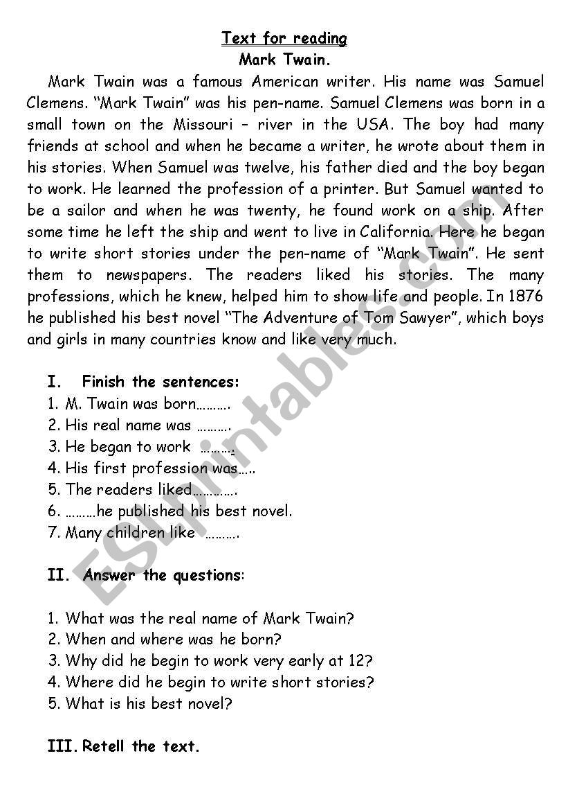 Text_Mark Twain worksheet