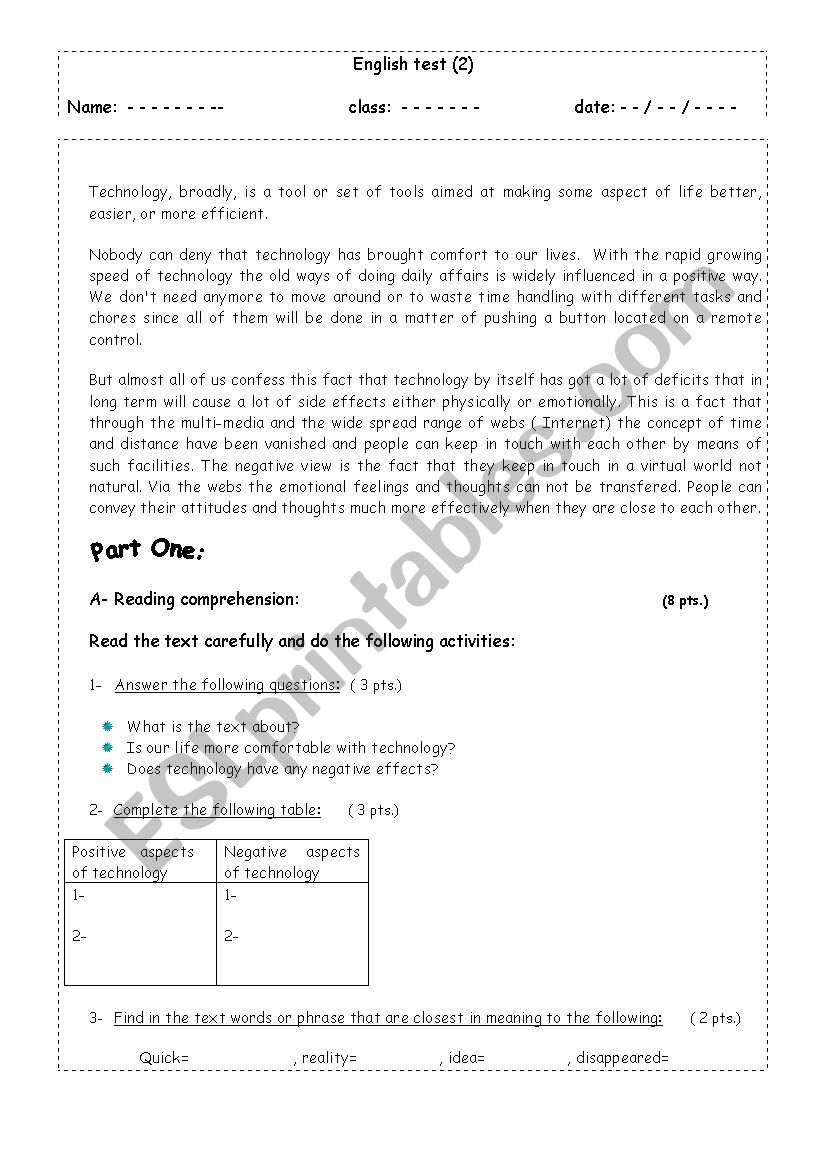 English test : intermediate  worksheet