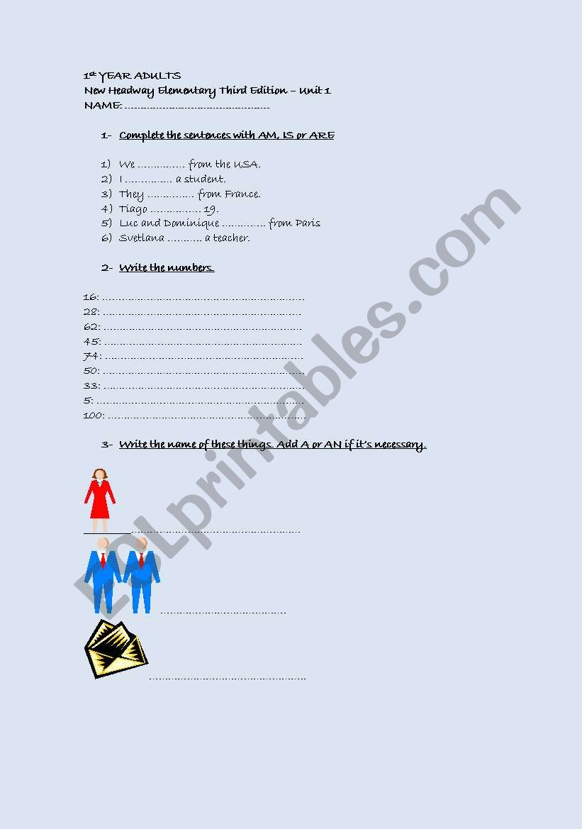 New Headway Elementary Unit 1 worksheet