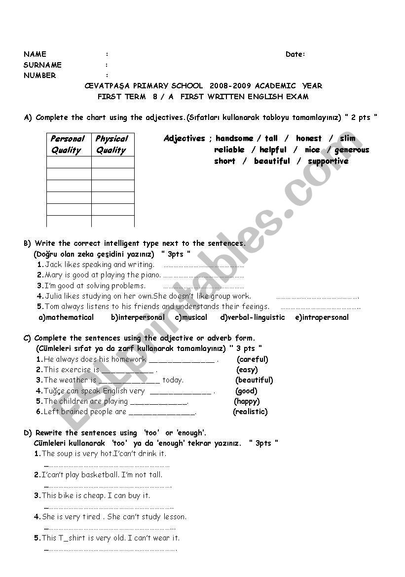 exam for grade 8 worksheet