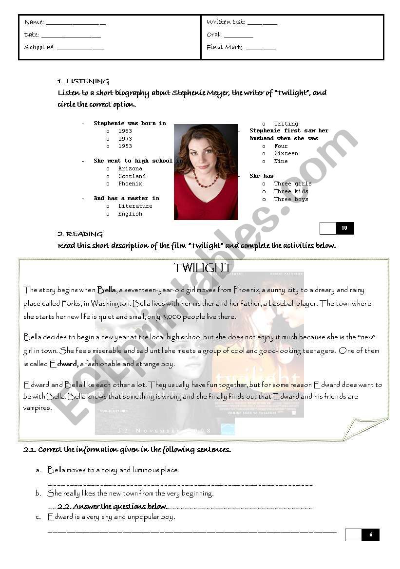 Test Twilight worksheet