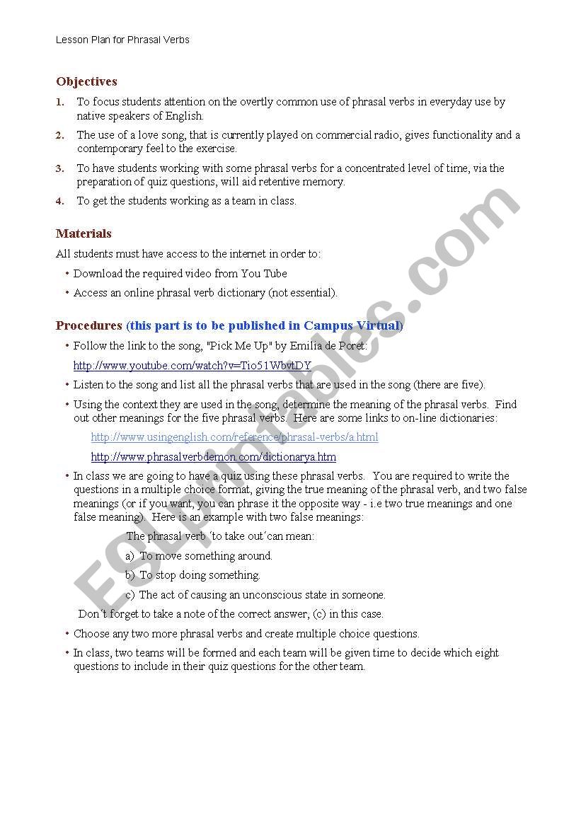 Phrasal Verbs using a song worksheet