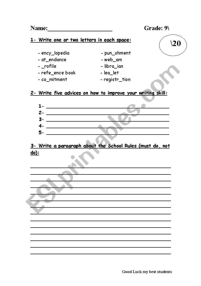 writing exam for grade 9 worksheet