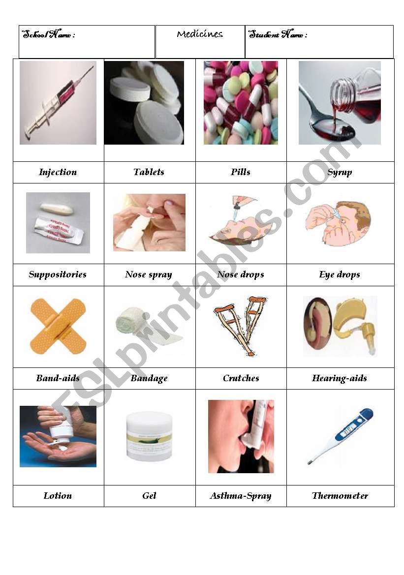 Medicines / Health aids worksheet