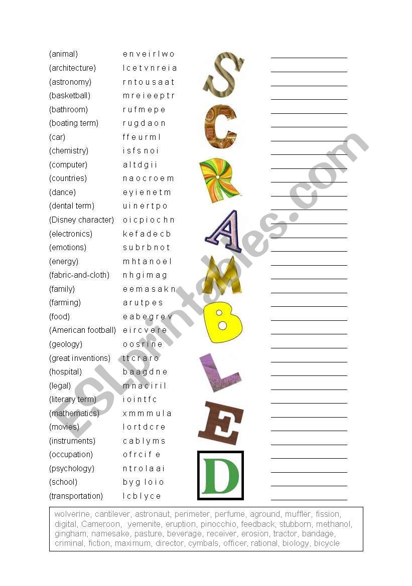 Scrambled words worksheet