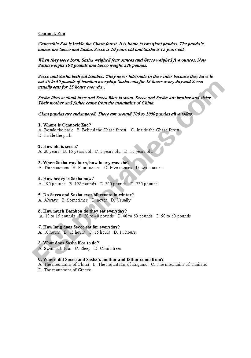 Reading activity worksheet