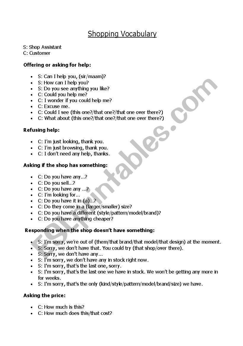 Shopping Dialogues worksheet