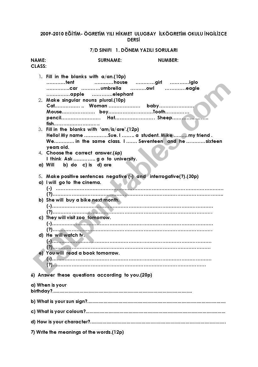 7th grade test worksheet