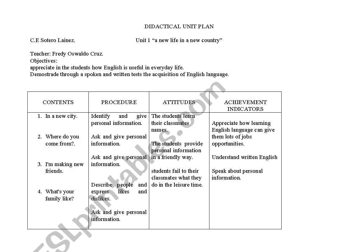 Didactical Unitl Plan worksheet