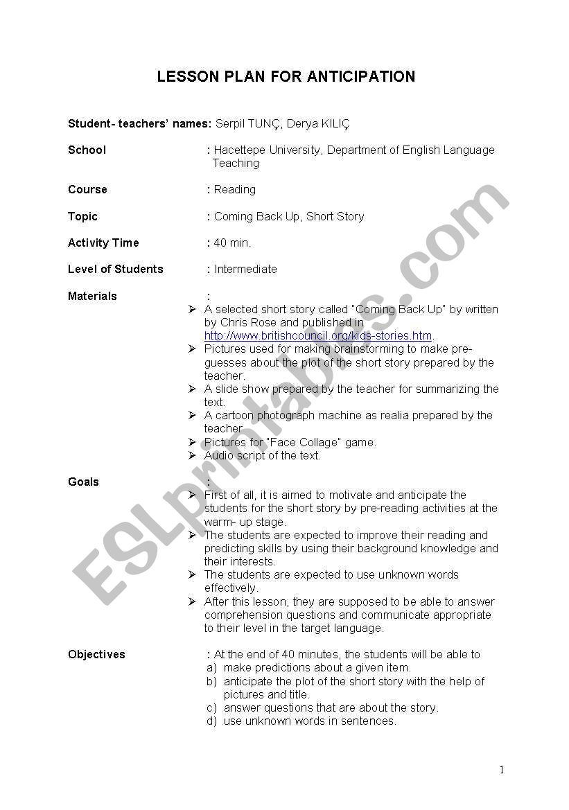 lesson plan for anticipation worksheet
