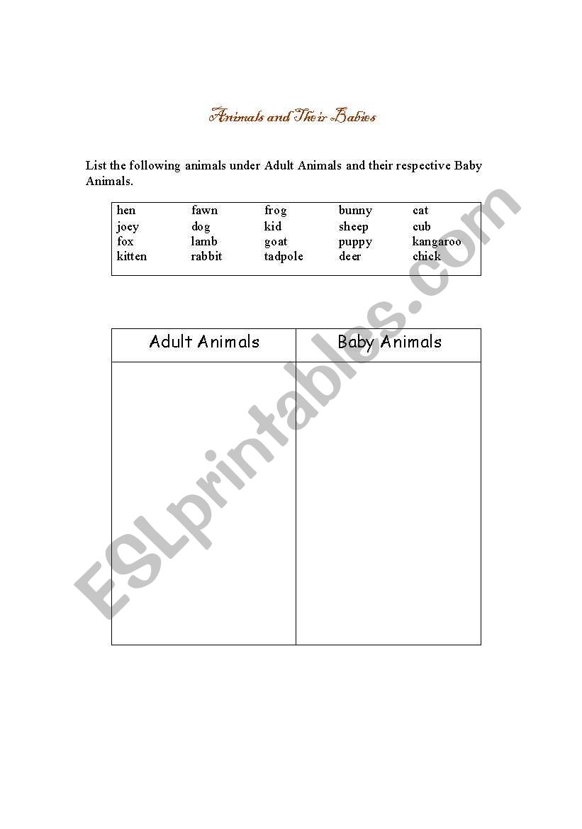 Animal and their babies worksheet