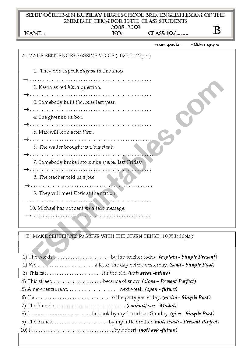 exam papers worksheet