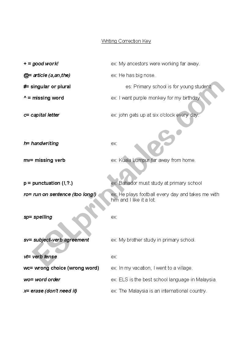 Writing Correction Key for low level students