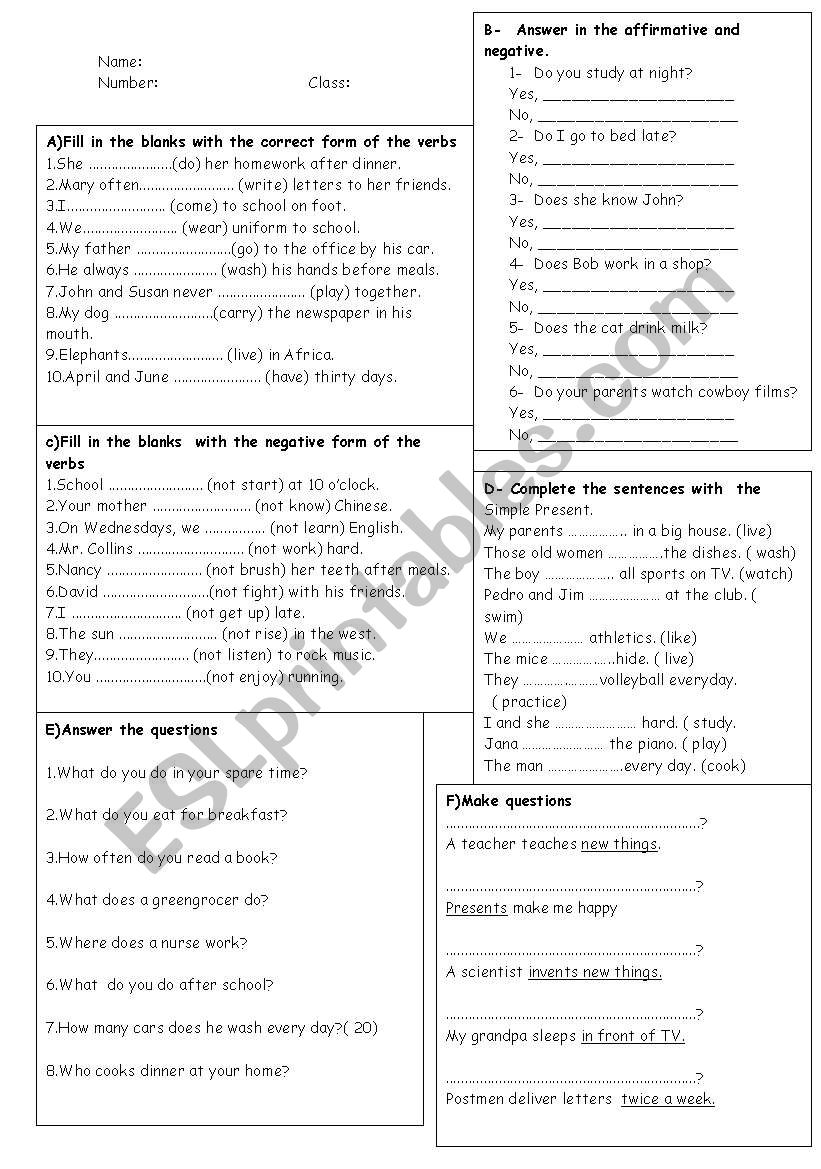 different kinds of exercises in simple present tense