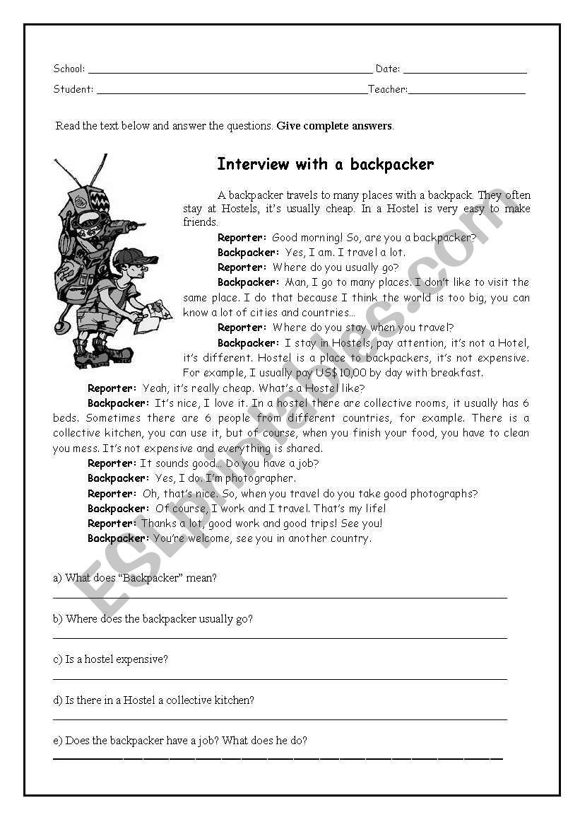 Backpackers Interview worksheet