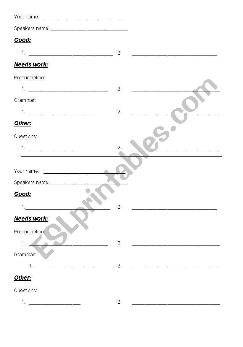 Listener fill out form for class presentations