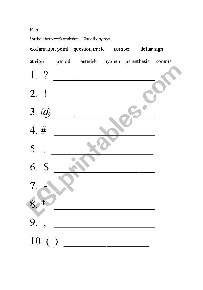 Symbols worksheet