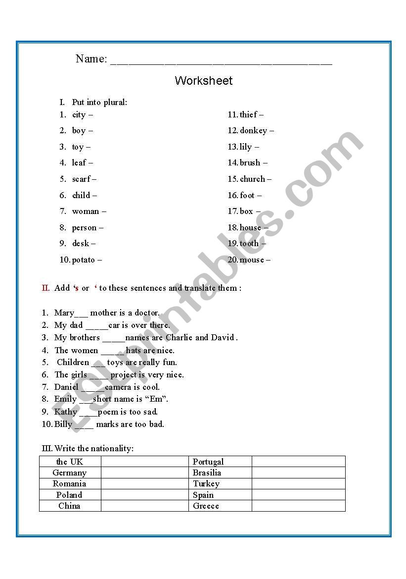 elementary test worksheet