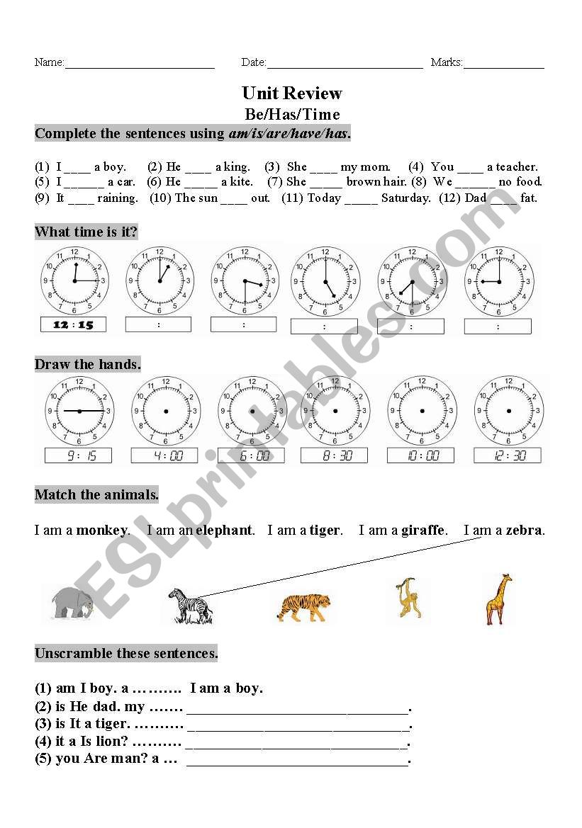 Unit Review-Being, Have, Time worksheet