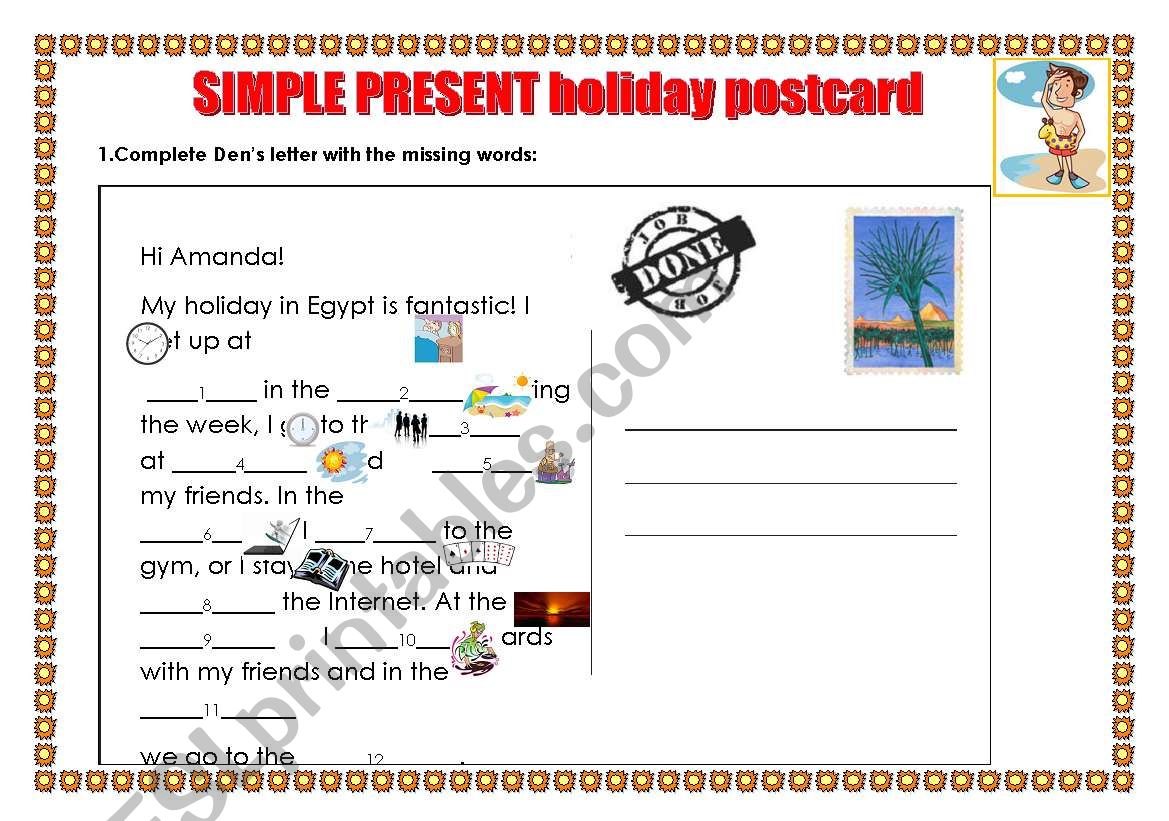 HOLIDAY POSTCARD (SIMPLE PRESENT ROUTINES) +answers included